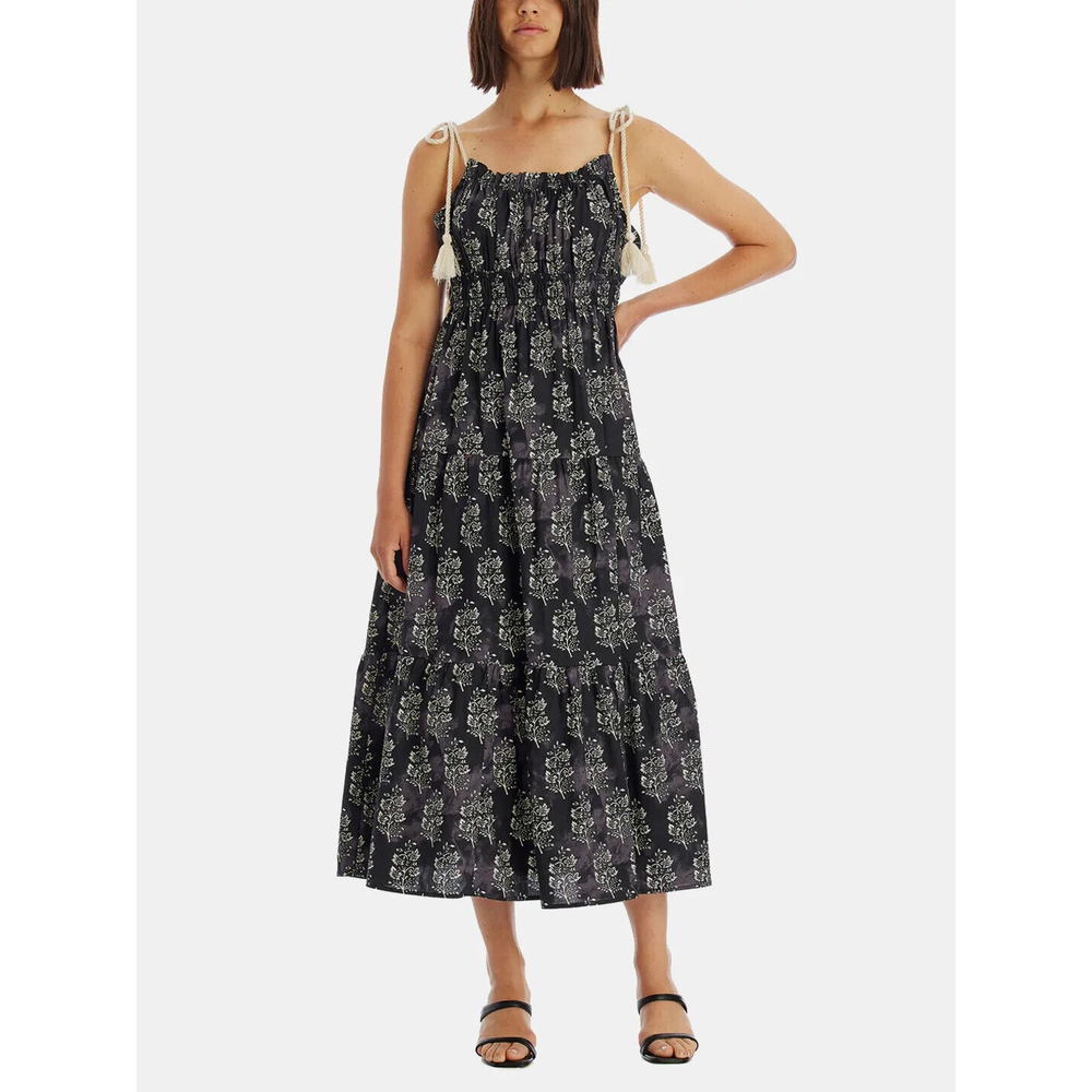 Moon River Anthropologie Shoulder Rope Tie Midi Summer Boho Dress Black